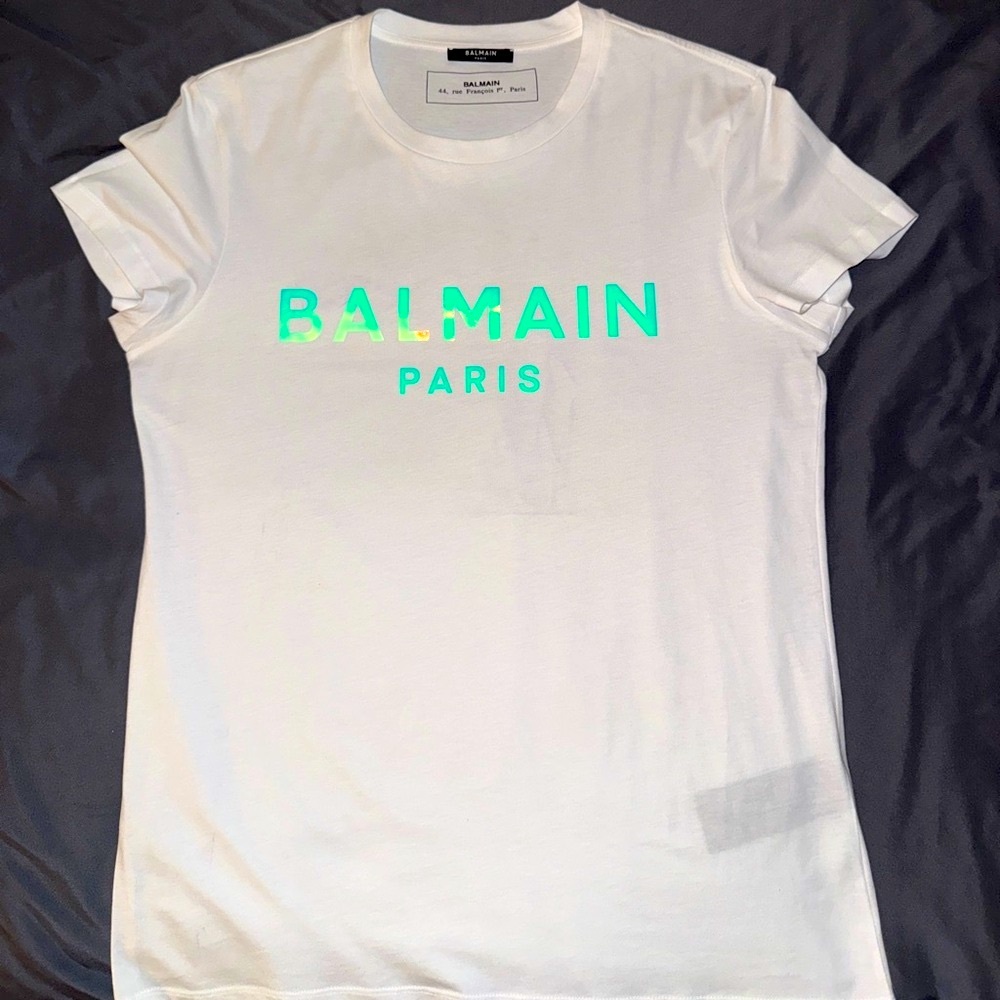 Balmain Cream Tee with Iridescent Logo